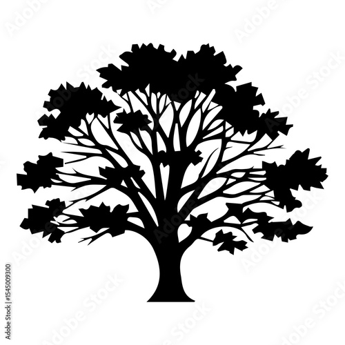 Oak tree silhouette isolated on white background — black deciduous tree icon with broad canopy for nature design, forest themes, heritage visuals, environment, and landscape illustration

