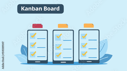 Illustration of a kanban board with three columns showing tasks with checkmarks and attached documents