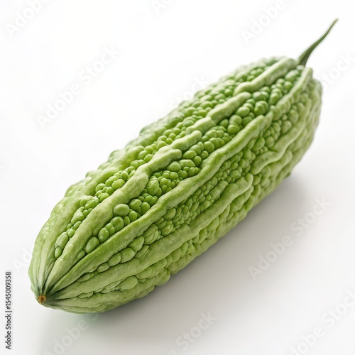 Close-up of a single green bitter melon with textured skin, isolated on white background, ideal for health and food themes.