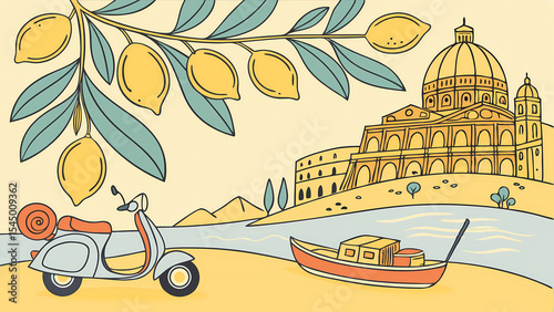 Illustration of a scooter, boat, and building with lemons on a branch in a landscape scene