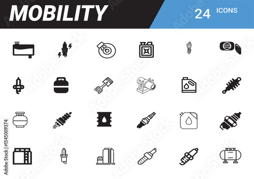 Mobility Icon Set: A comprehensive collection of 24 carefully crafted icons representing various aspects of mobility, providing visual representations for diverse automotive, transportation.