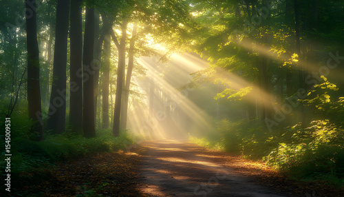 Sunlight shines through dense trees. Path leads through forest, surrounded by green foliage. Beautiful nature landscape scenery