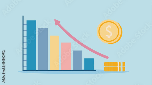 Decreasing bar graph with pink arrow and dollar coin representing financial loss or decline trend