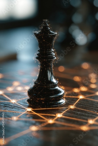Enigmatic Black Chess King Piece on a Networked Wooden Surface