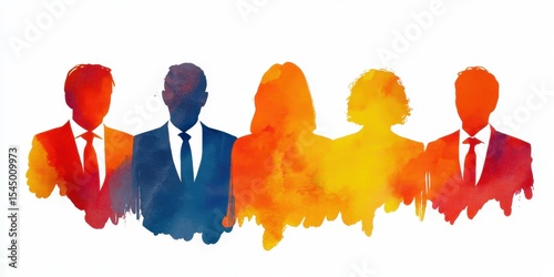 Vibrant Business Silhouette: Abstract watercolor silhouettes of five professionals, each representing different departments, standing together showcasing unity and synergy.