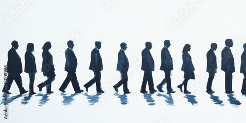 Marching Toward the Horizon: A line of silhouetted figures in business attire strides purposefully across a gradient background, symbolizing unity, progress.