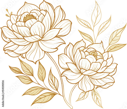 Elegant Gold Vector Floral Design Exquisite Peonies and Leaves for Wedding Invitations, Branding, and More