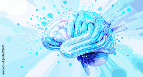 Abstract digital brain design with glowing circuitry and vibrant blue tones, symbolizing artificial intelligence, data processing, and advanced technology in a modern and dynamic style