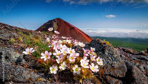 saxifrage flowers saxifraga merkii blooming wildflowers on the rocks and petrified lava on the slope of the volcano plants of the kamchatka peninsula nature of siberia and the russian far east