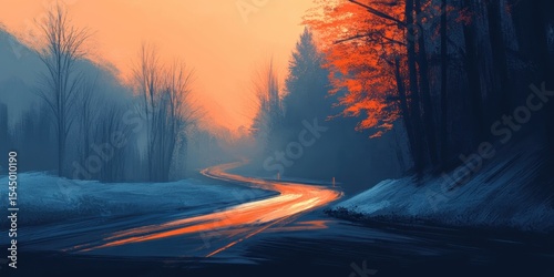 Winding Road in the Autumn: A winding road through a forest in the autumn season, as the leaves transform into vibrant colors, setting the scene of a journey into nature.