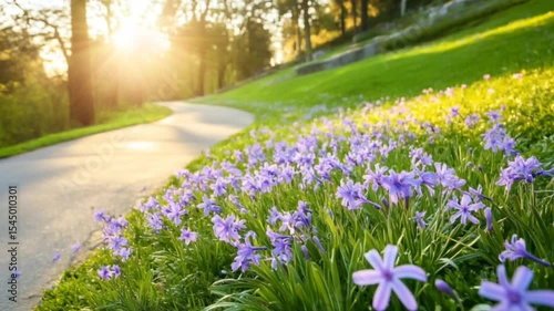Peaceful morning park path with blooming purple wildflowers and soft golden sunlight on green hillside. seamless looping 4k time-lapse animation video background