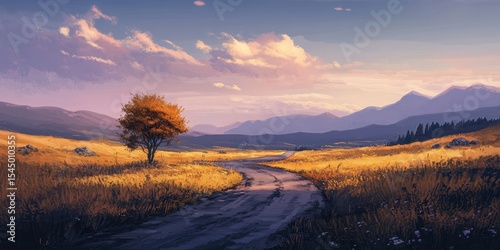 Winding Road Through a Golden Field: A picturesque vista of a winding road traversing a golden field under a painted sky.