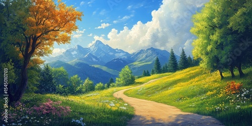 Serene Mountain Vista: A picturesque path winds its way through a vibrant landscape. Towering mountains frame the horizon, while fluffy clouds dance across the brilliant sky.