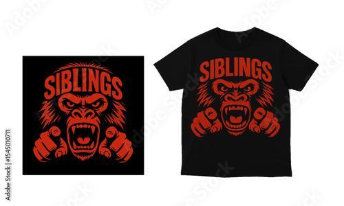 Illustration of a black t-shirt features a red graphic design of an angry gorilla with the word siblings above it