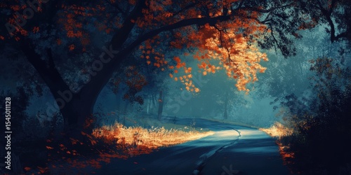 Autumn Road Serenity: A tranquil road winding through a mystical autumn landscape, where the soft glow of amber light filters through vibrant fall foliage.