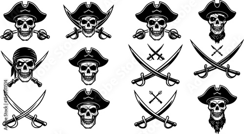 Pirate icon, logo, symbol isolated on white background. Pirate icon with skull, hat and crossed swords. Vintage print for t-shirt, typography. Vector illustration