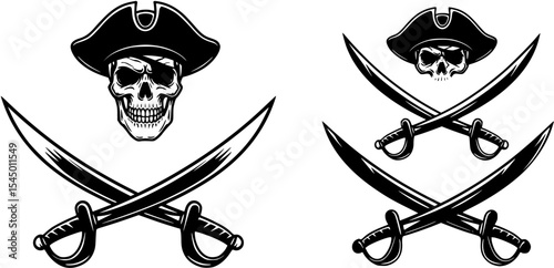 Pirate icon, logo, symbol isolated on white background. Pirate icon with skull, hat and crossed swords. Vintage print for t-shirt, typography. Vector illustration