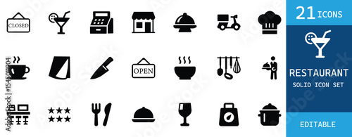 Restaurant solid icon set featuring chef, food, menu, cooking, kitchen tools, waiter, drink, dinner, delivery, and cafe. Perfect for food  and branding