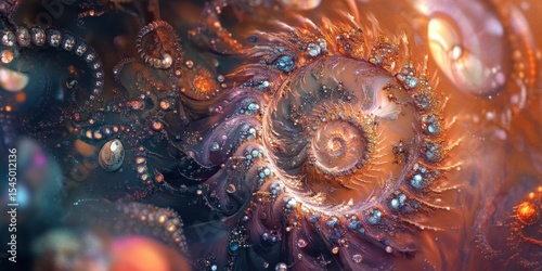 Cosmic Spiral: An abstract image featuring a mesmerizing spiral galaxy, swirling with vibrant hues of orange, purple, and blue, adorned with glistening, jewel-like elements.