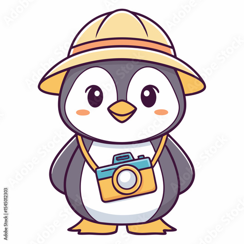 Cute baby penguin holding camera icon