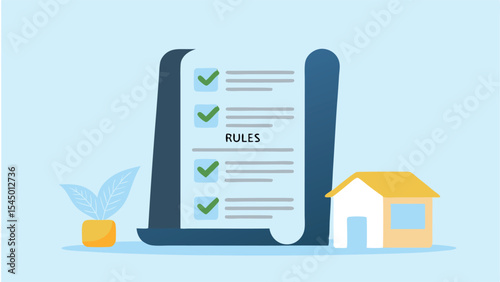 Illustration of a rules checklist with green checkmarks next to a house and a potted plant