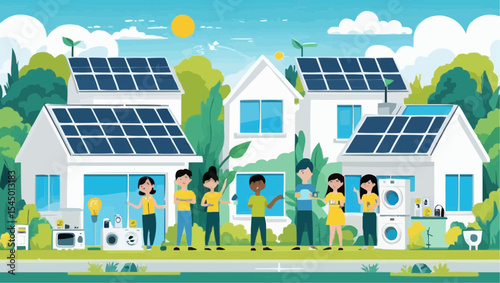 Eco Living Concept – Flat Design of People Conserving Electricity and Using Solar Power
