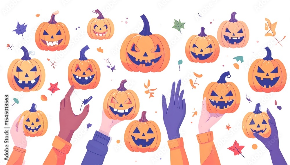 Fototapeta premium Lineup of quirky carved pumpkins with goofy grins and creepy stares, each with a unique personality. Flat vector in warm orange tones—perfect for festive, spooky, or playful Halloween design.