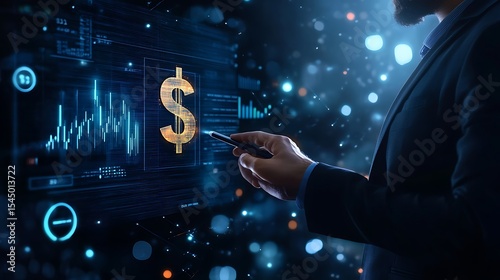 Businessman Analyzing Holographic Charts with Glowing Dollar Sign in Dark Blue