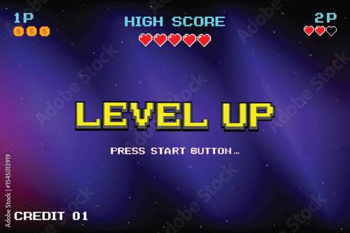 LEVEL UP icon pixel art. 8 bit game. retro game. Retro Futurism Sci-Fi Background. glowing neon grid. and stars from vintage arcade computer games