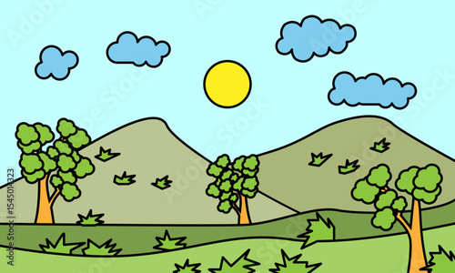 kids drawing of a sunny landscape with hills and trees design vector illustration
