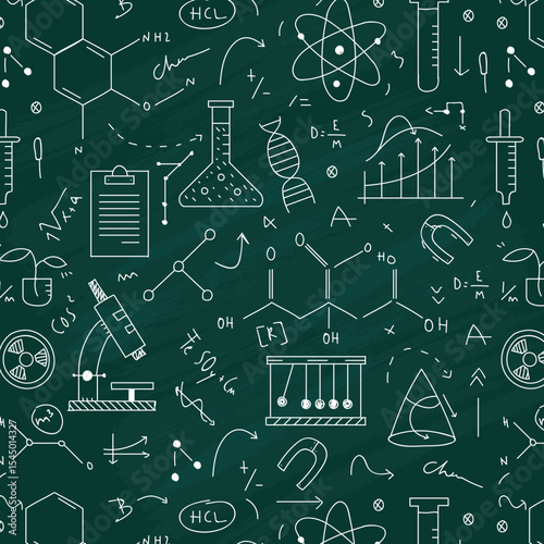 Back to School: science lab objects doodle vintage style sketches seamless pattern, vector illustration.
