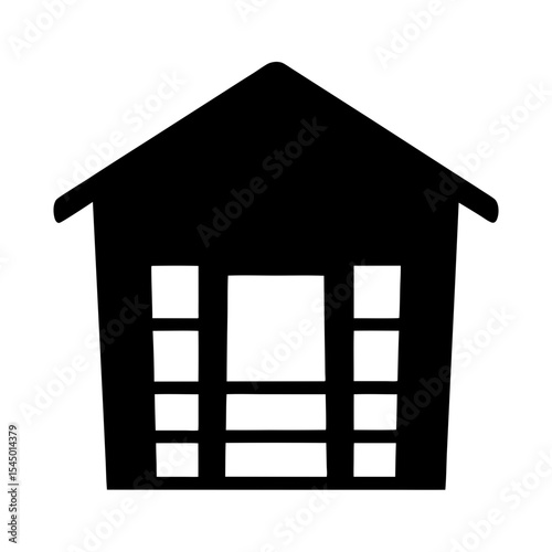 Stylized house icon, minimalist black silhouette design with windows and roof shape
