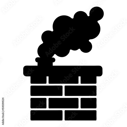 Smoking Chimney Silhouette Rising from a Brick Structure on a White Background