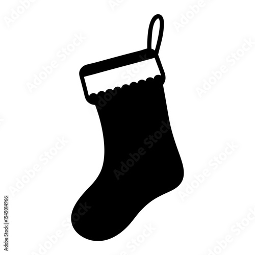 Simple black Christmas stocking with white trim and hanging loop, icon