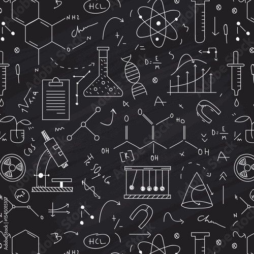 Back to School: science lab objects doodle vintage style sketches seamless pattern, vector illustration.
