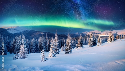 fairy winter mountains with snowy fir trees and incredible northern lights in starry sky christmas nightscape with polar lights aurora borealis
