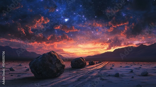 Mysterious Rocks in Death Valley at Sunset with Starry Sky