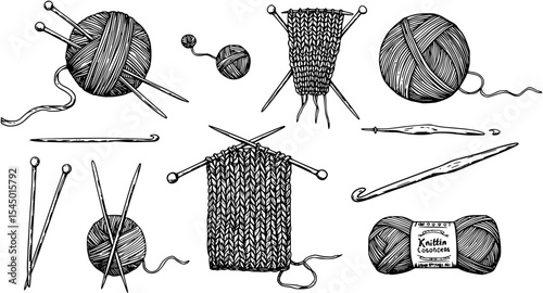 Knitting, crochet essentials vector illustration. yarn balls, knitting needles, crochet hooks. Perfect for crafting, knitting, and crocheting projects. Ideal for textile, emb