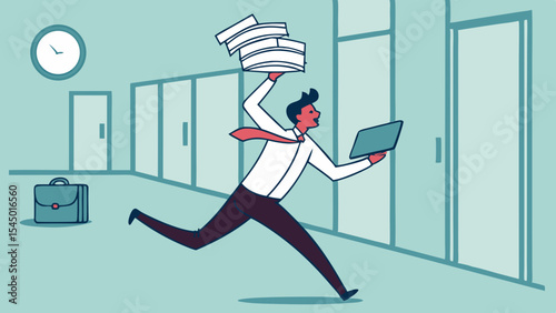 Urgency and multitasking, Overwhelmed multitasking businessman running to meet deadline while juggling tasks, managing workload