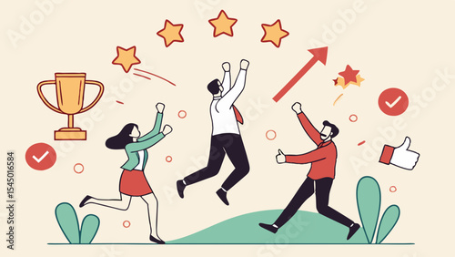Celebration of success with businesspeople jumping for joy, showcasing teamwork and achievement