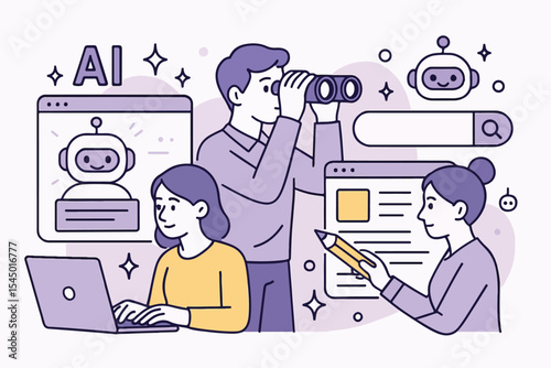 AI-powered search concept featuring characters interacting with virtual assistants for browsing the internet, conducting research, finding answers, and enhancing SEO performance. Modern vector