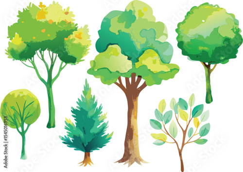 Vibrant Green Vector Trees A Collection of Diverse Foliage Illustrations for Design Projects, Nature Scenes, and Artistic Applications