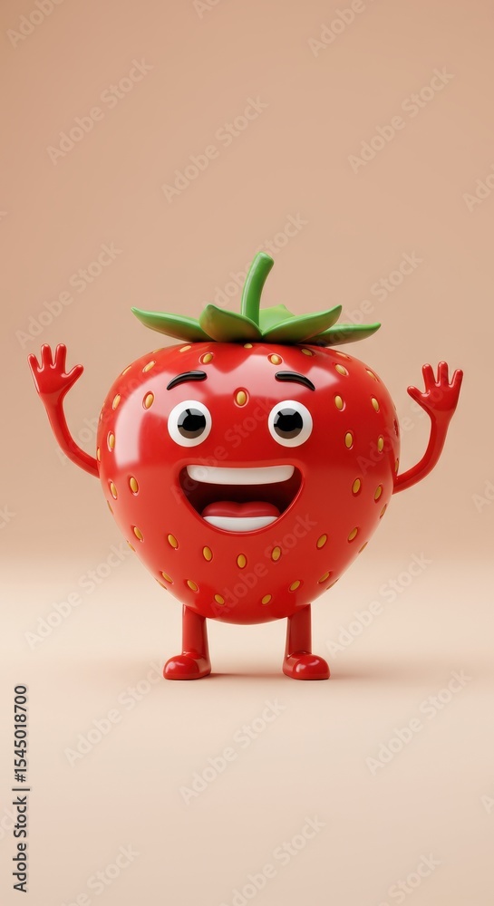 Obraz premium Smiling cartoon strawberry character with arms raised on beige background
