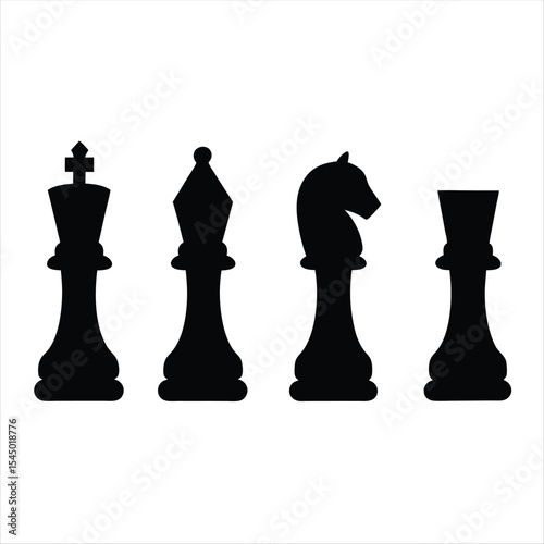 Silhouette of chess pieces king bishop knight and rook against white background