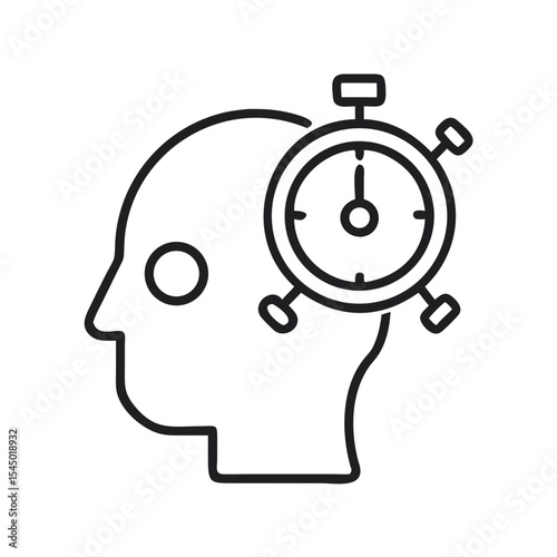 Mind clock and the concept of time management in a minimalist outline style. The visual features a person's head with a clock