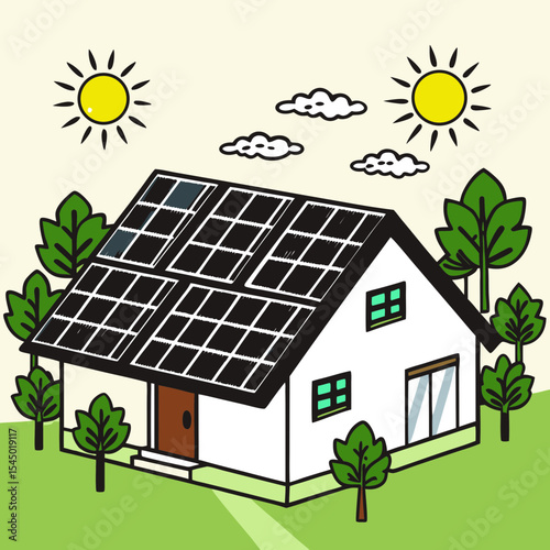 Eco-Friendly Haven: A charming house, complete with solar panels, nestled amidst a vibrant green landscape, epitomizes sustainable living, eco-consciousness and environmental responsibility.