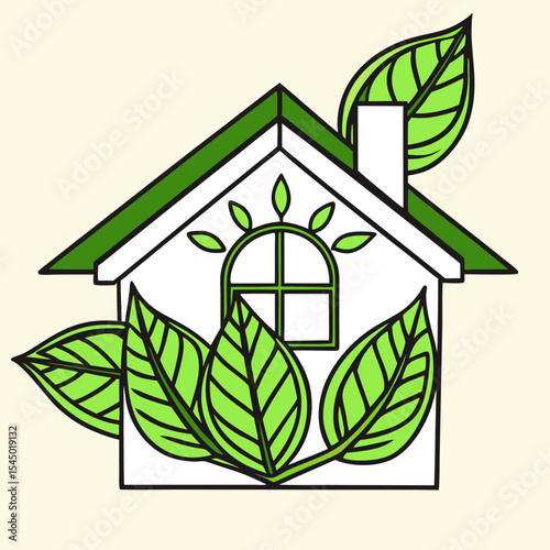Eco-Friendly Home: A symbolic representation of sustainable living, a house adorned with fresh, green leaves, embodying eco-consciousness and environmental responsibility. 