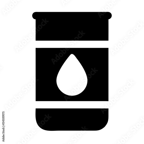 Crude Oil Barrel: A bold black and white vector illustration of an industrial barrel, symbolizing crude oil, featuring a prominent oil drop in the center. 