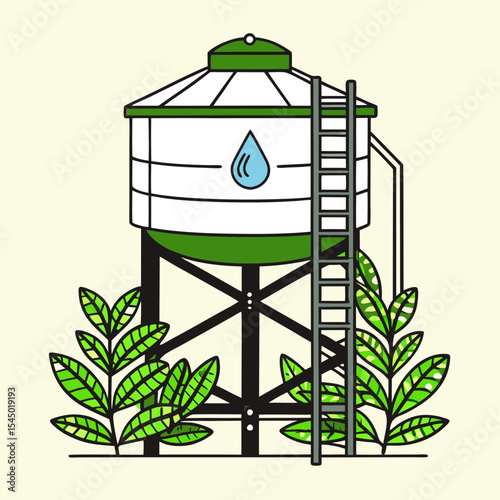 Water Reservoir on High Ground: A detailed illustration of a water reservoir, elevated on a platform, with a ladder leading to its top, a symbol of resourcefulness and a vital water supply system.