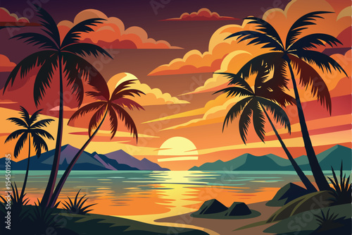 Vibrant Tropical Sunset Palm Trees, Ocean, and Golden Sky